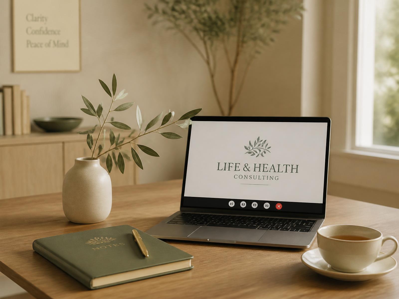 A serene remote consulting workspace with laptop, notebook and olive branch